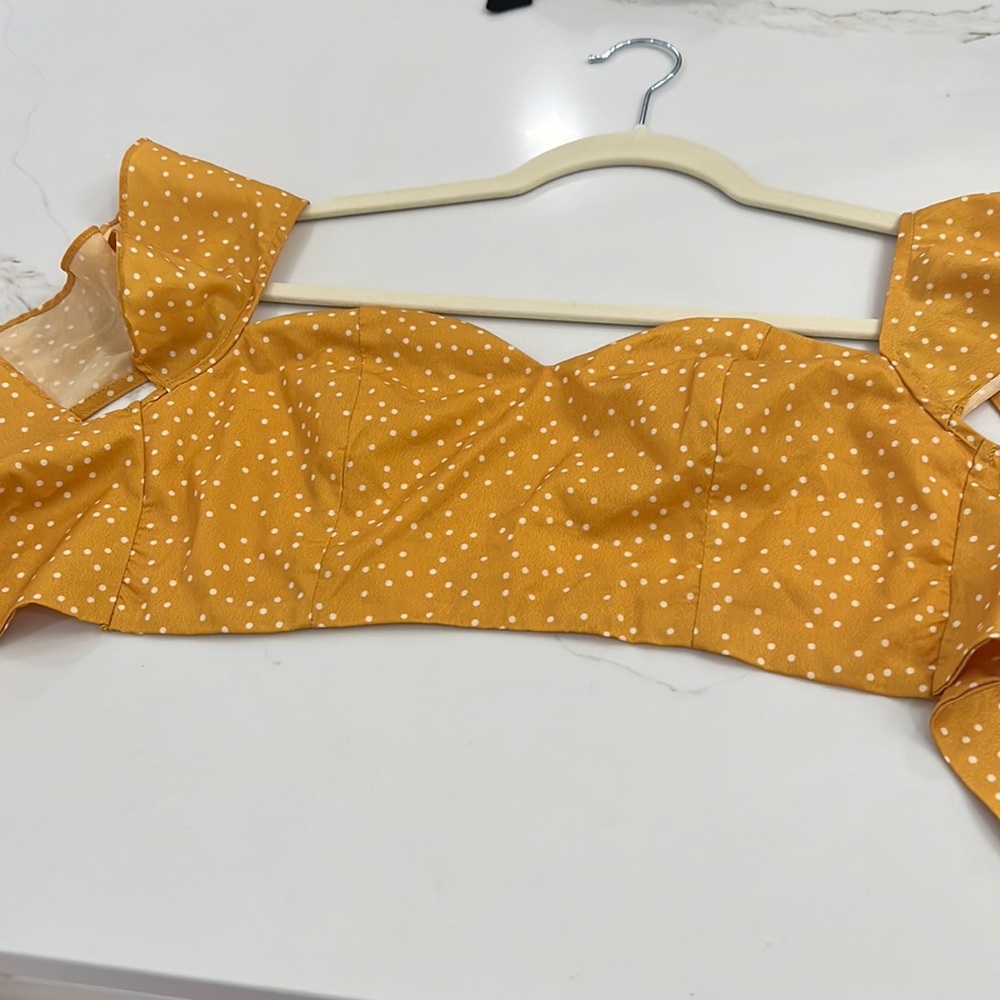 Silky tie back goldish yellow polka dot crop top